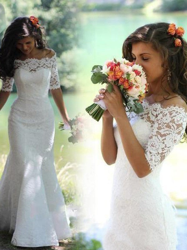 Wholesale Trumpet/Mermaid Off-the-Shoulder 1/2 Sleeves Lace Court Train Wedding Dresses